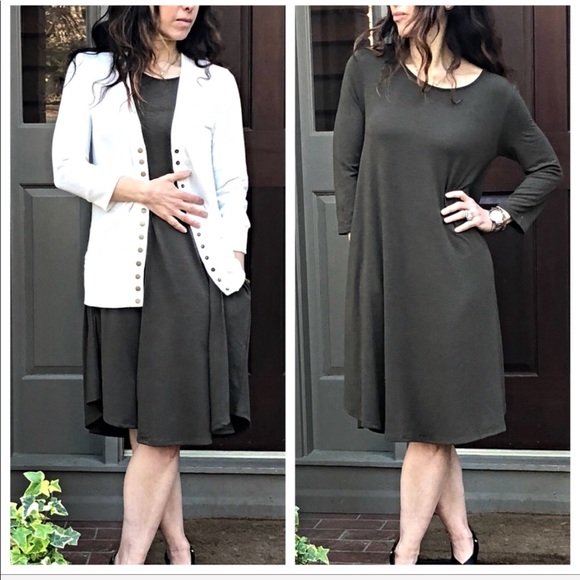 Olive green side pocket 3/4 sleeves swing dress - Picture 8 of 8